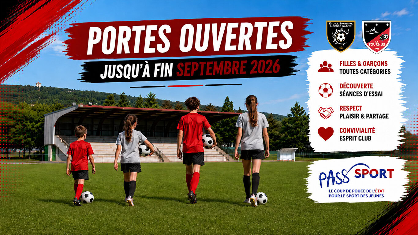 Portes ouvertes de l’A.S. Tournus Foot jusqu’à fin septembre 2026 avec quatre jeunes footballeurs et footballeuses sur le terrain du Stade Noël Perret à Tournus, dans le cadre du Pass’Sport 2026.